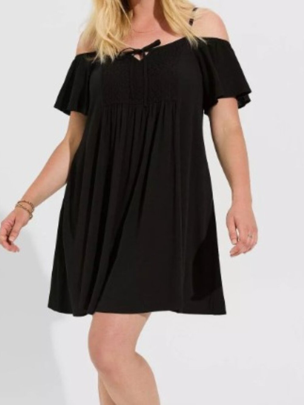 Torrid 1X Black Gauze Cold Shoulder Trapeze Dress | Boho Flutter Sleeve